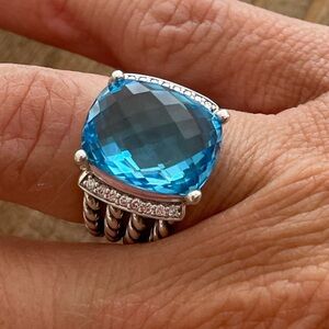 Like New! David Yurman Blue Topaz Wheaton Ring with Diamonds 16mm Size 6.5